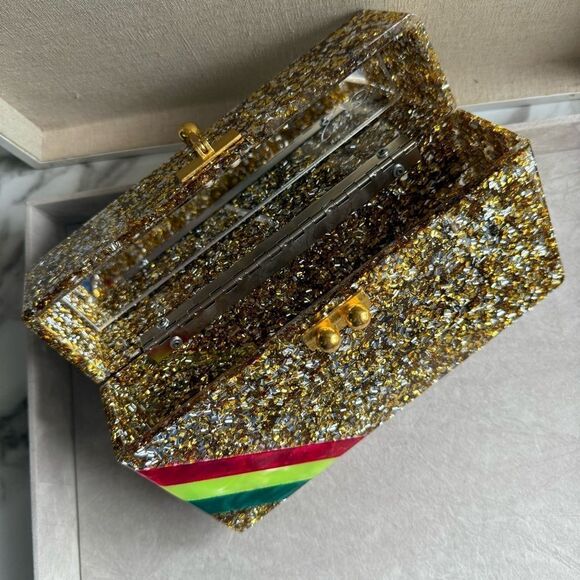 EDIE PARKER ACRYLIC CLUTCH – GOLD CONFETTI & RAINBOW STRIPE | HANDMADE | RARE - Picture 14 of 17